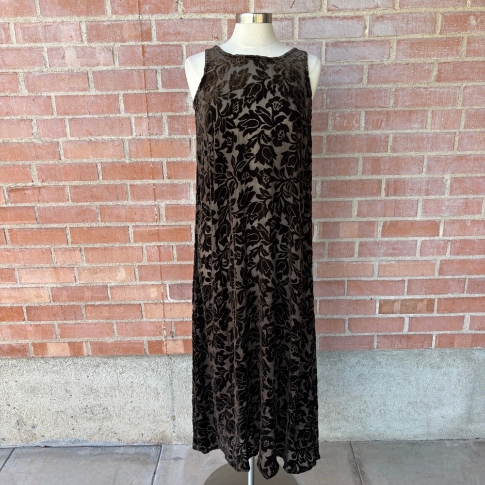Citron Santa Monica Brown Silk Burnout Velvet Floral Maxi Dress Small Sleeveless